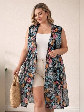 A Love Story Tropical Floral Strechy Sheer Cover Up/Kimono  Size 1X  NWT